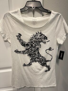 Express White Tee with Black Script Lion Graphic
